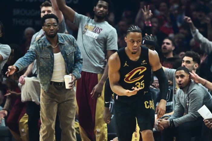 Mar 5, 2024; Cleveland, Ohio, USA; Cleveland Cavaliers forward Isaac Okoro (35) celebrates after hitting a three-point basket during the first half against the Boston Celtics at Rocket Mortgage FieldHouse. Mandatory Credit: Ken Blaze-USA TODAY Sports